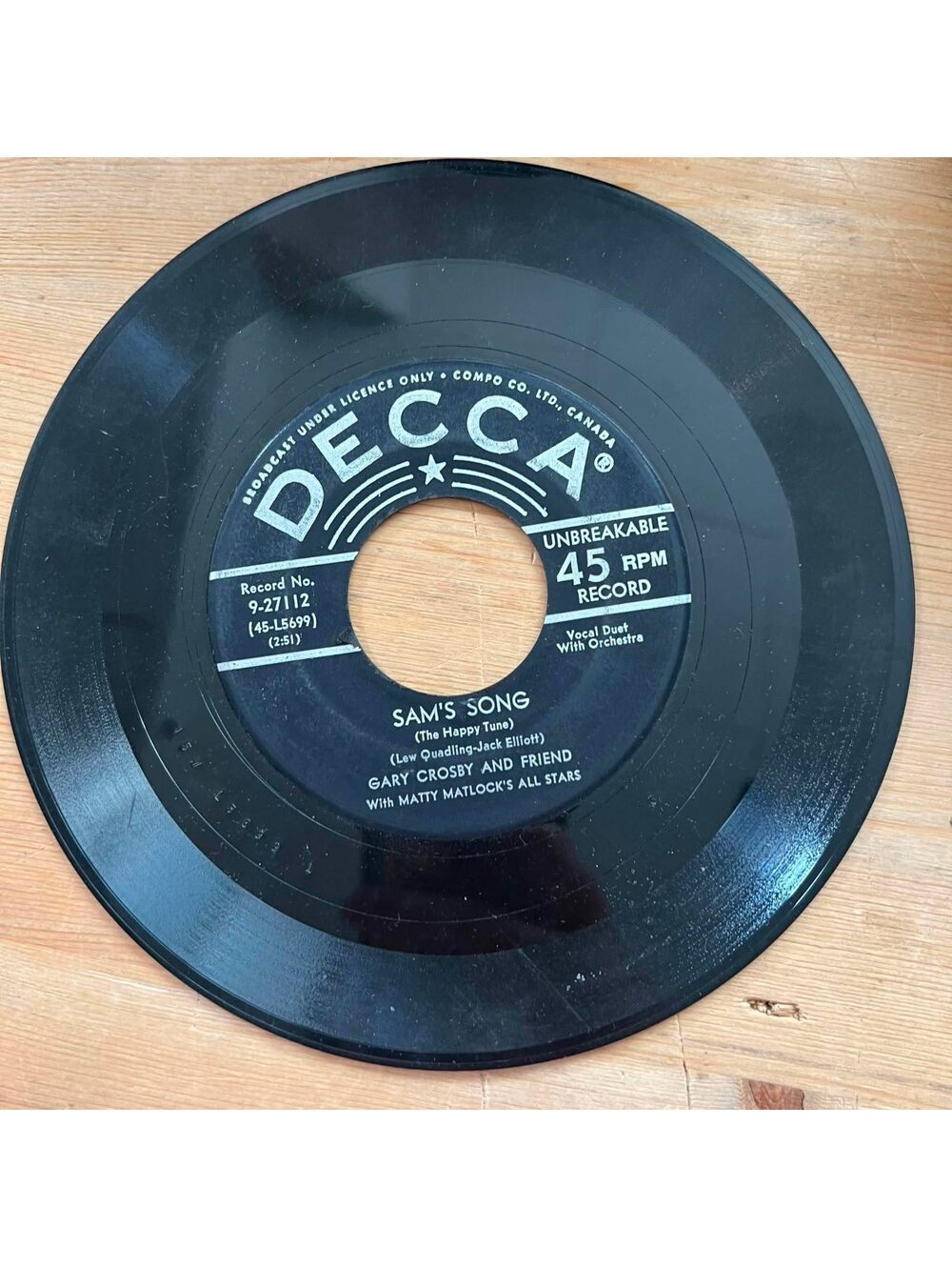 Gary Crosby and Friend with Matty Matlock's All Stars - Sam's Song 45rpm VG+ R08
